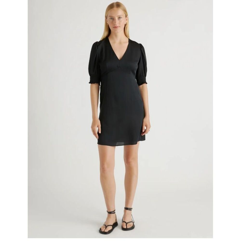 Quince Washable Stretch Silk Puff Sleeve Mini Dress Black M